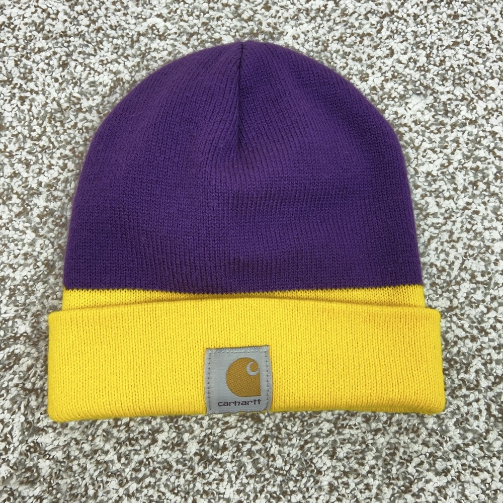 Carhartt Hat Beanie Mens One Size Purple Yellow Knit A354PGL USA Workwear Logo